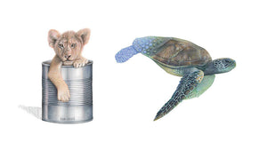 Canned lion and green sea turtle drawing by artist, Martin Aveling. Wildlife artivism.